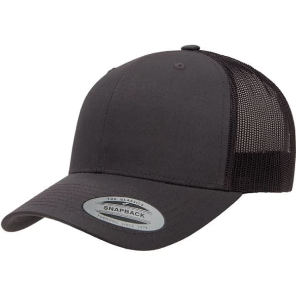 A black retro trucker cap featuring a solid front and mesh back with a snapback design.