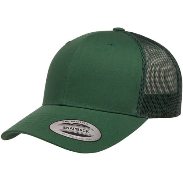 A green retro trucker cap featuring a solid front and mesh back. It has a snapback closure and a logo.