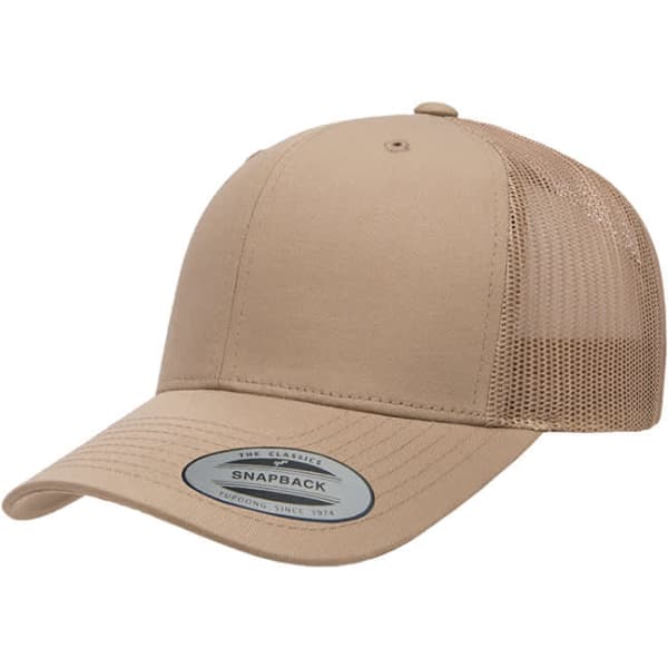 A tan retro trucker cap featuring a solid front panel and mesh side panels, with an adjustable snapback closure.