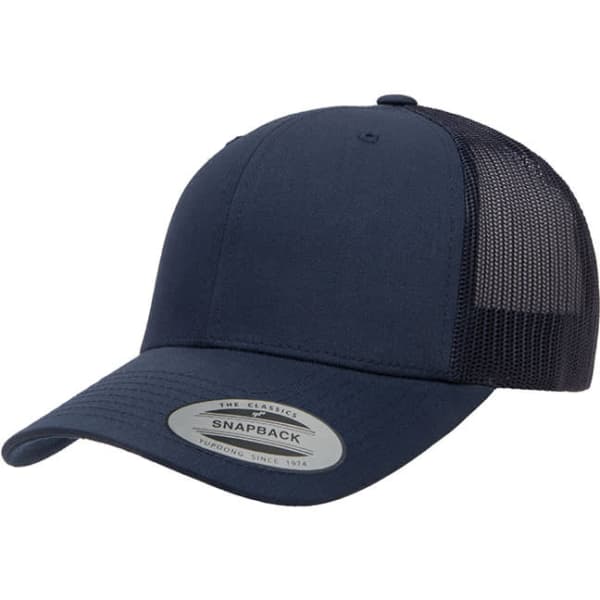 A navy blue trucker cap featuring a mesh back and a snapback closure, with a logo on the front.