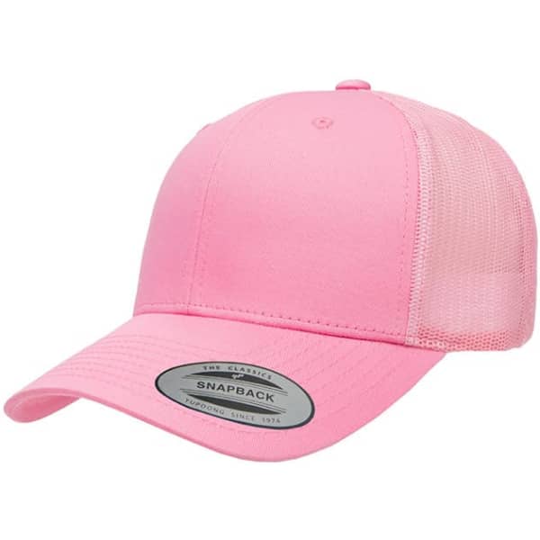 A pink retro trucker cap featuring a snapback design and a mesh back, with a logo on the front.