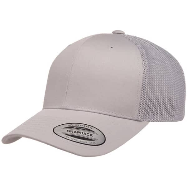 A grey retro trucker cap featuring a solid front panel and a mesh back, complete with a logo.