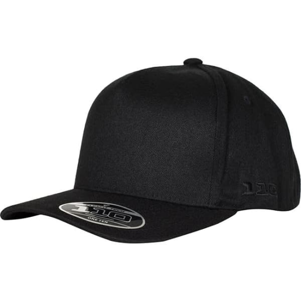 A black 110A FLEXFIT® 110 cap featuring a curved brim and a logo on the side.