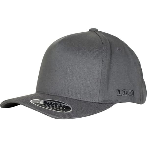 A grey FLEXFIT® 110 cap featuring a sleek design and a branded logo on the side.