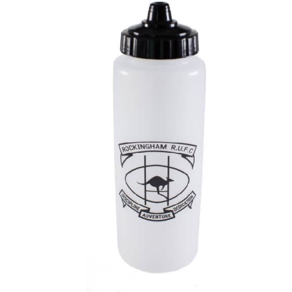 A drink bottle in white with a black lid, featuring a logo and design details.
