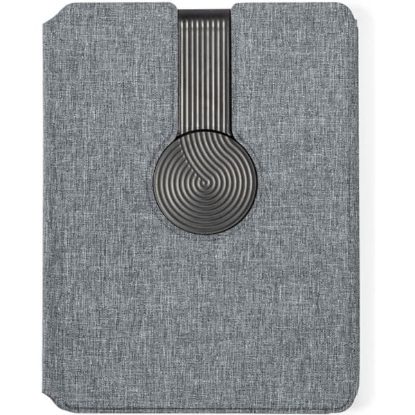 A grey multifunction notepad with a textured cover and a black circular design element on the front.