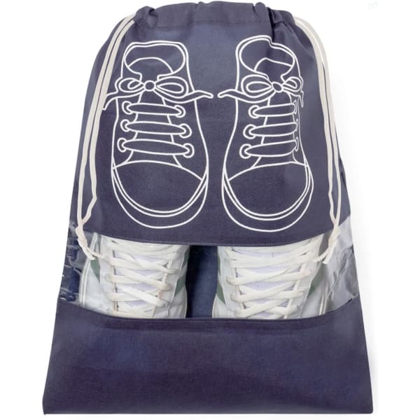 A navy shoe bag featuring a graphic of shoes and a clear section to display the contents. It has a drawstring closure.