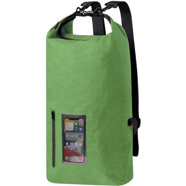 A large capacity waterproof backpack in vibrant green with a clear front pocket for a phone. It features adjustable straps and a logo.
