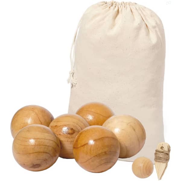 A set of six wooden petanque balls in various shades of brown, accompanied by a drawstring bag.