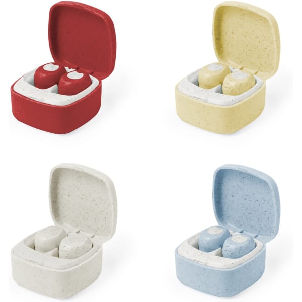 Ear phones in various coloured cases: red, yellow, white, and blue, each with a compact design.