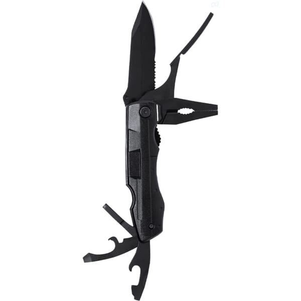 A multipurpose knife in black featuring 10 functions, including a blade, pliers, and various tools.