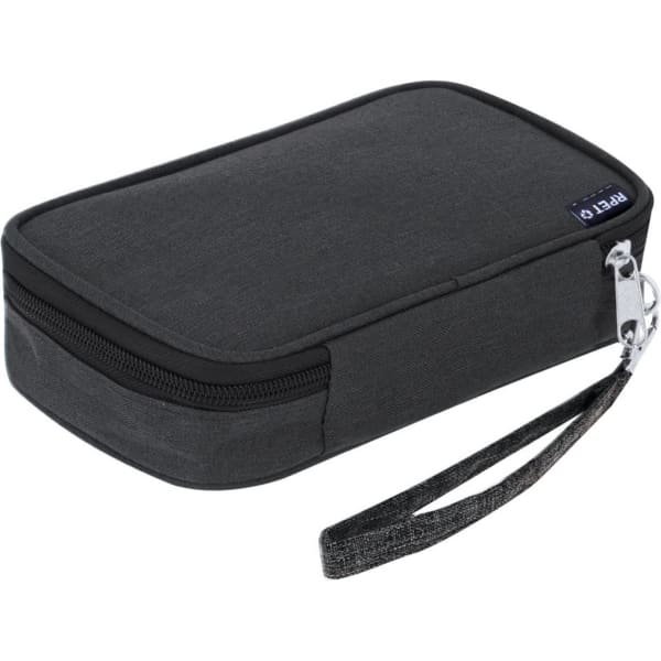 A black Tech Organizer Case with a zip closure and a wrist strap for easy carrying. It features a simple, sleek design.