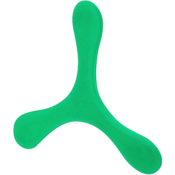 A green flying disc with a unique three-pronged shape and a smooth surface. It features a logo.
