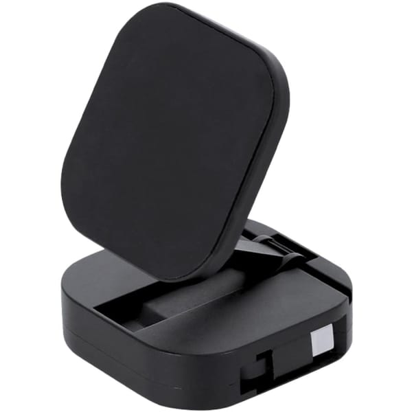 A black 2 in 1 magnetic phone holder with an integrated charging cable, featuring a compact design and a logo.