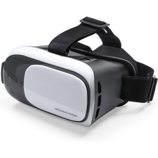 Virtual reality glasses in black and white with an adjustable strap and a logo featured on the side.