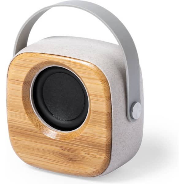 A bamboo and grey Bluetooth speaker with a rounded design and a handle for portability.