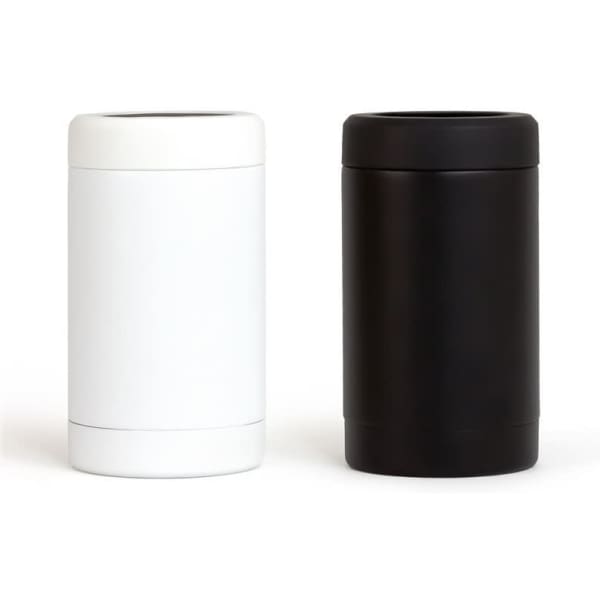 A drink bottle cooler in sleek white and black colours, featuring an integrated bottle opener and a logo.
