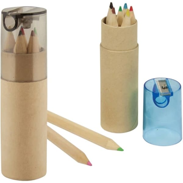 A pencil set featuring six colour pencils in a cylindrical container with a sharpener, including shades like red, green, and blue.