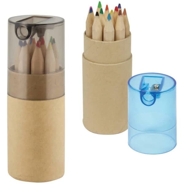 A set of 12 coloured pencils in a clear and cardboard container, accompanied by a pencil sharpener.