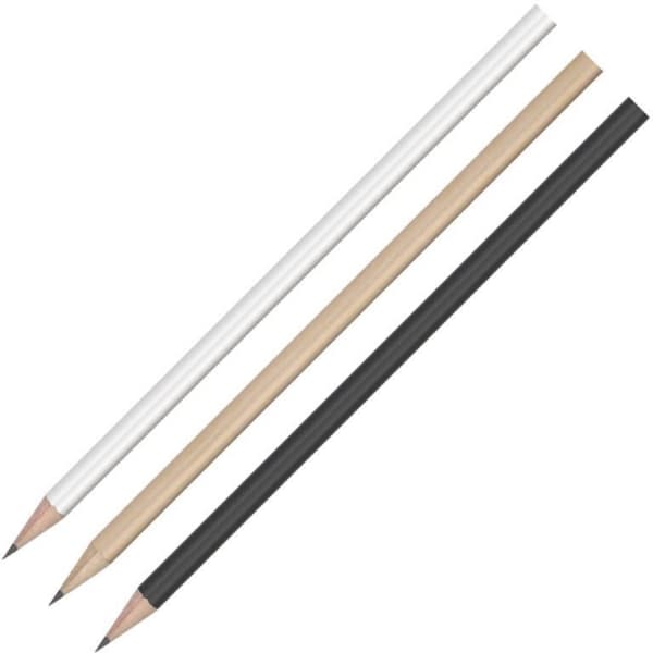 Three HB pencils in white, natural wood, and black colours arranged in a row. Each pencil has a sharpened tip.