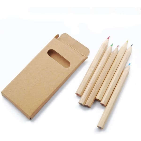 A set of six coloured pencils in a cardboard box, with pencils in red, green, blue, yellow, and two others.