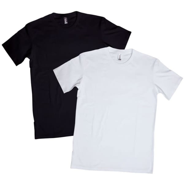 A set of two T-shirts in black and white. Each shirt has a simple design and features a logo.