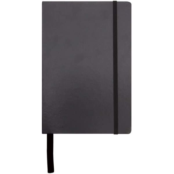 A black A4 notebook with a sleek cover and elastic band closure, featuring a ribbon bookmark.