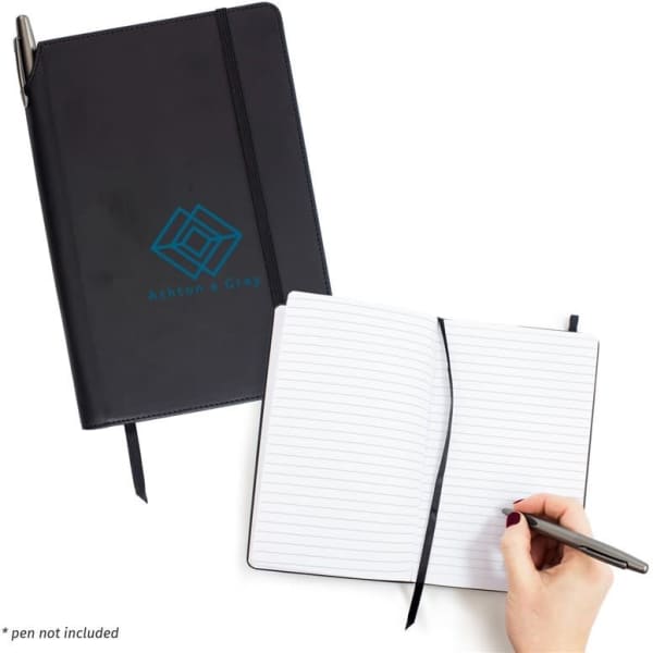 A black A5 notebook featuring a pen holder, with lined pages and a logo on the cover. Pen not included.