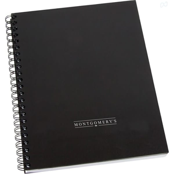 A4 spiral bound notebook with a black cover, featuring a logo on the front.