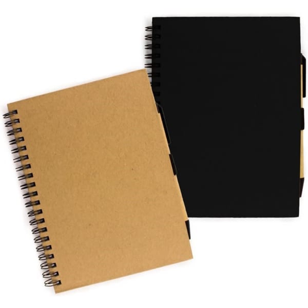 A set of two notebooks, one in eco-friendly kraft brown and the other in black, featuring spiral binding. Each has a logo.