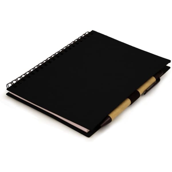 A black Eco Kraft notebook combo with a spiral binding and a pen. It features a minimalist design.