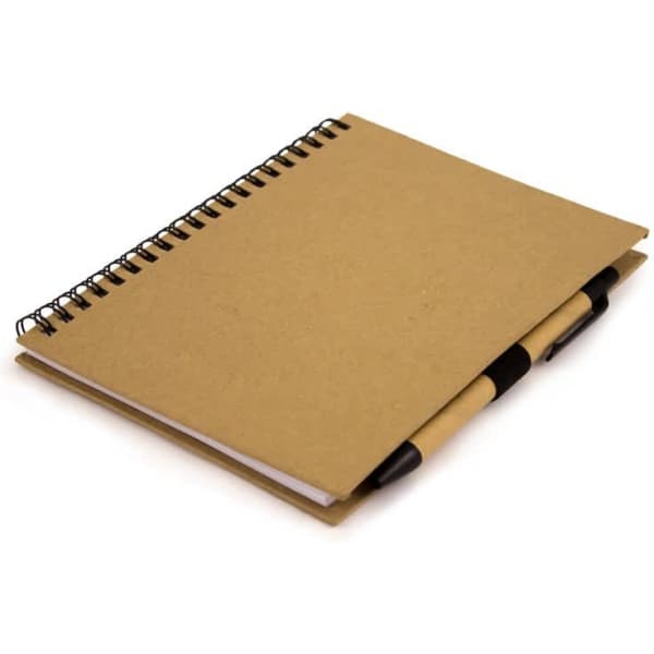 A natural-coloured spiral-bound notebook with two black pens tucked into the cover. It features a logo on the front.