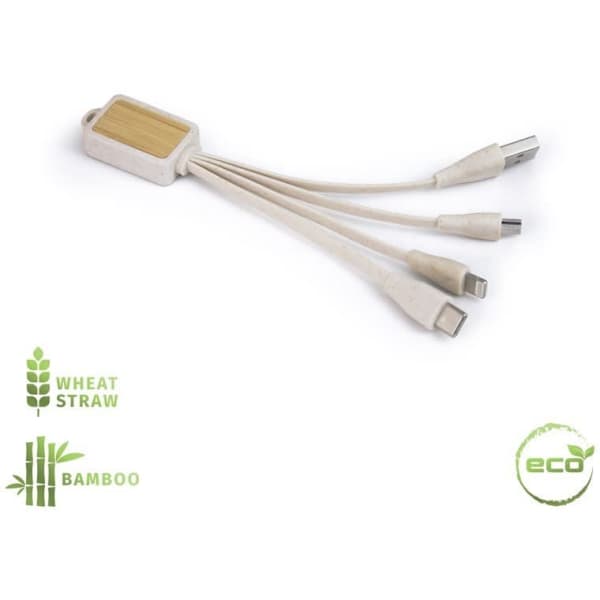 An eco-friendly charging cable made from wheat straw and bamboo, featuring multiple connectors in a neutral colour.