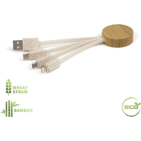 A Luna Charging Cable with four connectors, featuring a bamboo base and eco-friendly wheat straw cables.