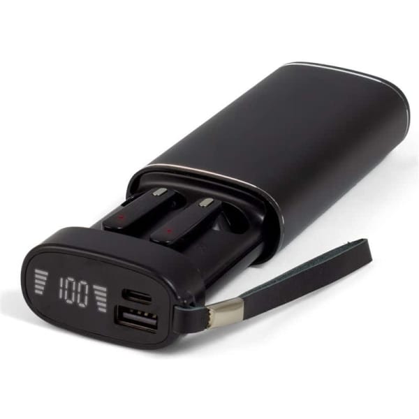 A black portable charger with two slots for batteries and a digital display showing battery percentage.