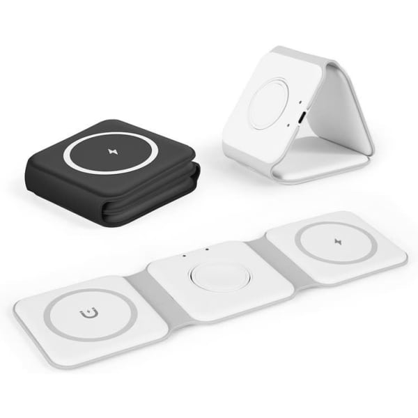 A 3 in 1 wireless charger in black and white, features a foldable design and multiple charging pads.