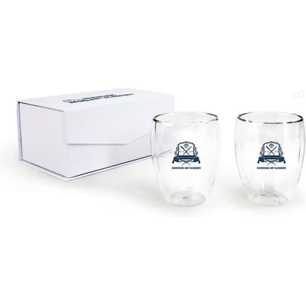A glass set featuring two clear glasses with a logo, presented in a white gift box.