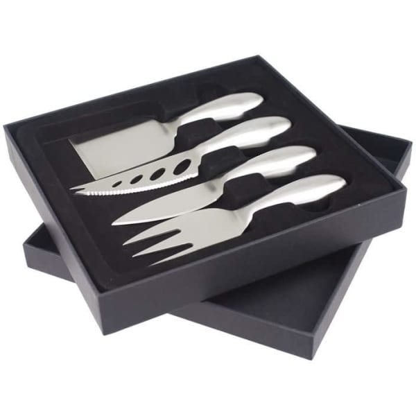 A stainless steel cheese knife set featuring three different knives, presented in a sleek black box.