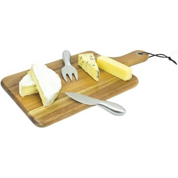 A wooden cheese board featuring various cheeses and metal cheese utensils in silver.