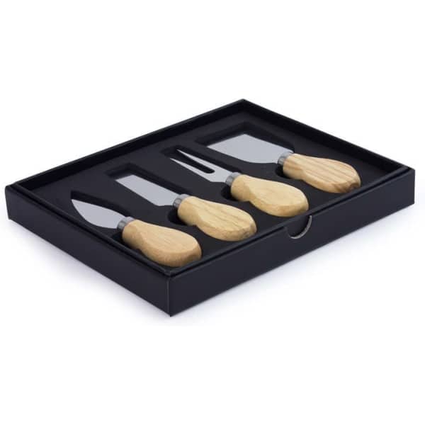 A cheese knife set with four stainless steel knives featuring wooden handles, displayed in a black box.
