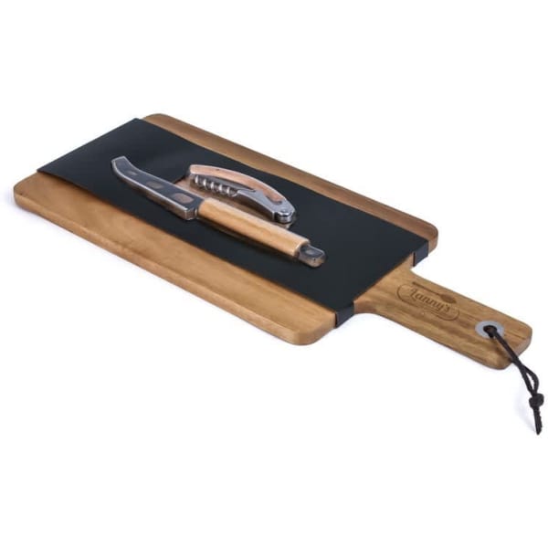A cheese board with a wooden handle, featuring a cheese knife and a corkscrew. The board has a black surface.