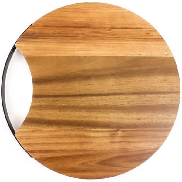 A round wooden serving platter featuring a natural wood finish with a sleek cut-out design.