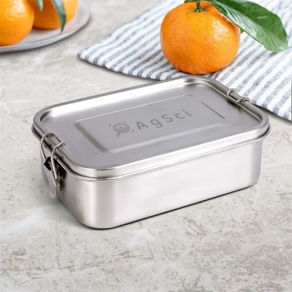 A stainless steel lunch box with a silver finish, featuring a secure lid and a branding logo. Oranges and a striped cloth are nearby.