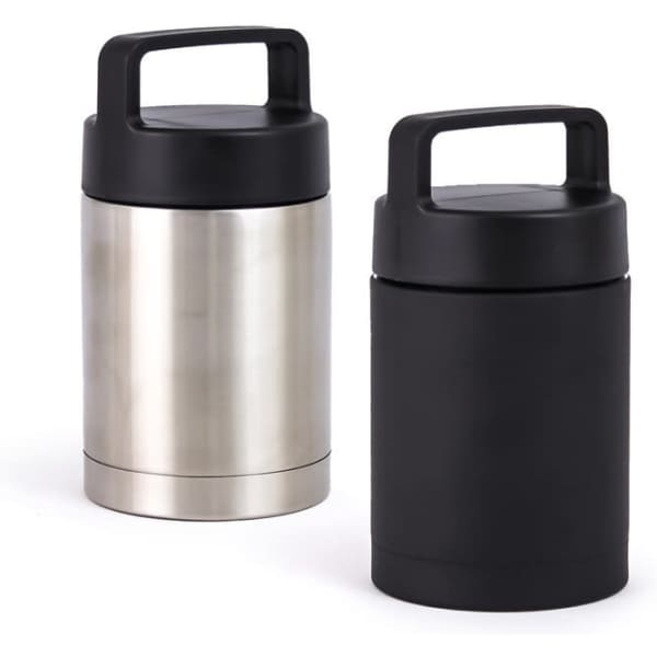 A drink bottle set featuring a stainless steel flask and a black insulated flask, both with carry handles.