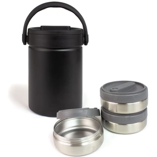 A black food carrier set featuring a large container and two smaller stainless steel bowls with grey lids.