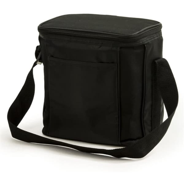 A black cooler bag with a zippered top, adjustable shoulder strap, and a front pocket. It has a logo on the side.