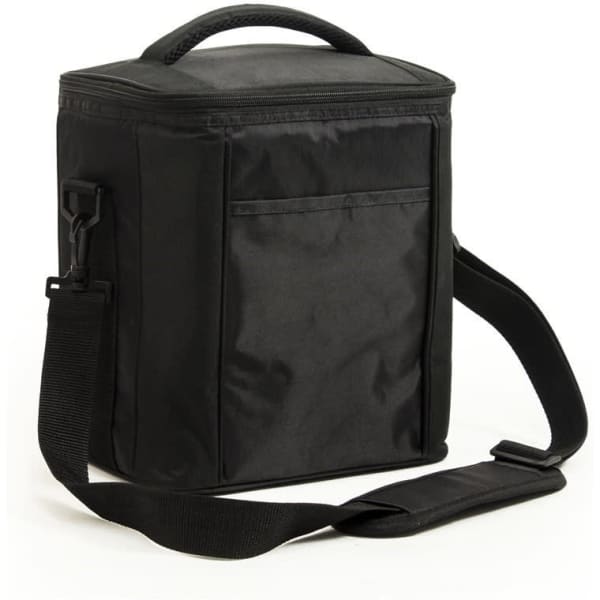 A black cooler bag with a shoulder strap and a top handle, featuring one exterior pocket. It has a simple design.