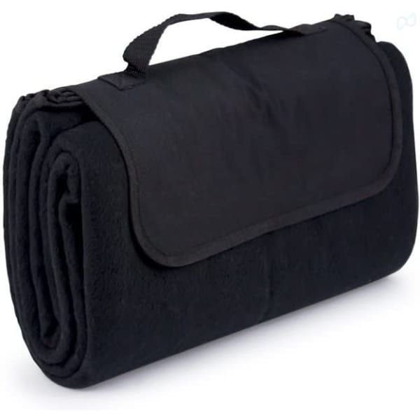 A rolled black picnic blanket with a handle for easy carrying, featuring a fabric flap cover.