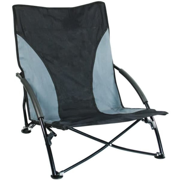 A portable beach chair in black and grey with a sturdy frame and armrests, featuring a logo on the fabric.