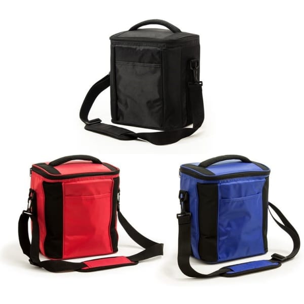 A trio of Explorer Lite Premium Cooler Bags in black, red, and blue, each with a shoulder strap and a front pocket.